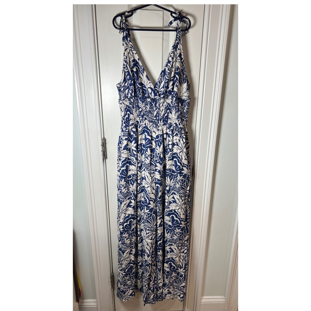 Patrons of Peace Blue White Tropical Floral Smocked Wide Leg Jumpsuit Small